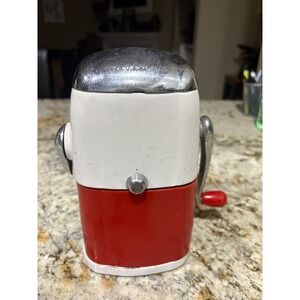 Vintage Ice O Mat Ice Crusher Manual Hand Crank Red White Barware Kitchen Tool